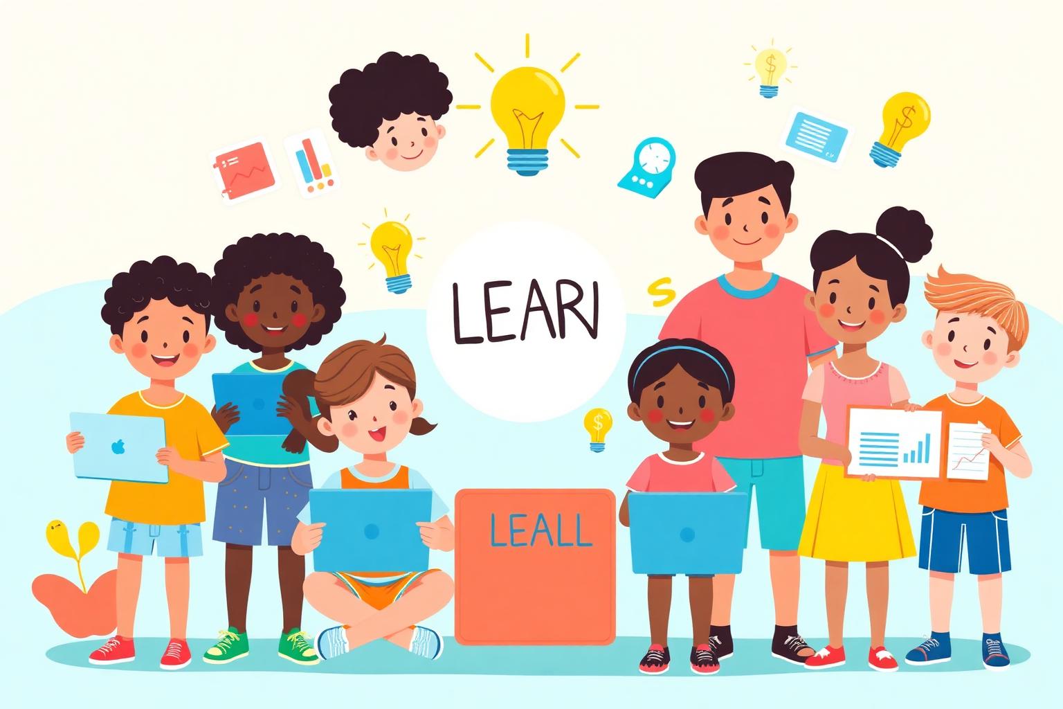 Diverse group of kids and teens learning entrepreneurship together
